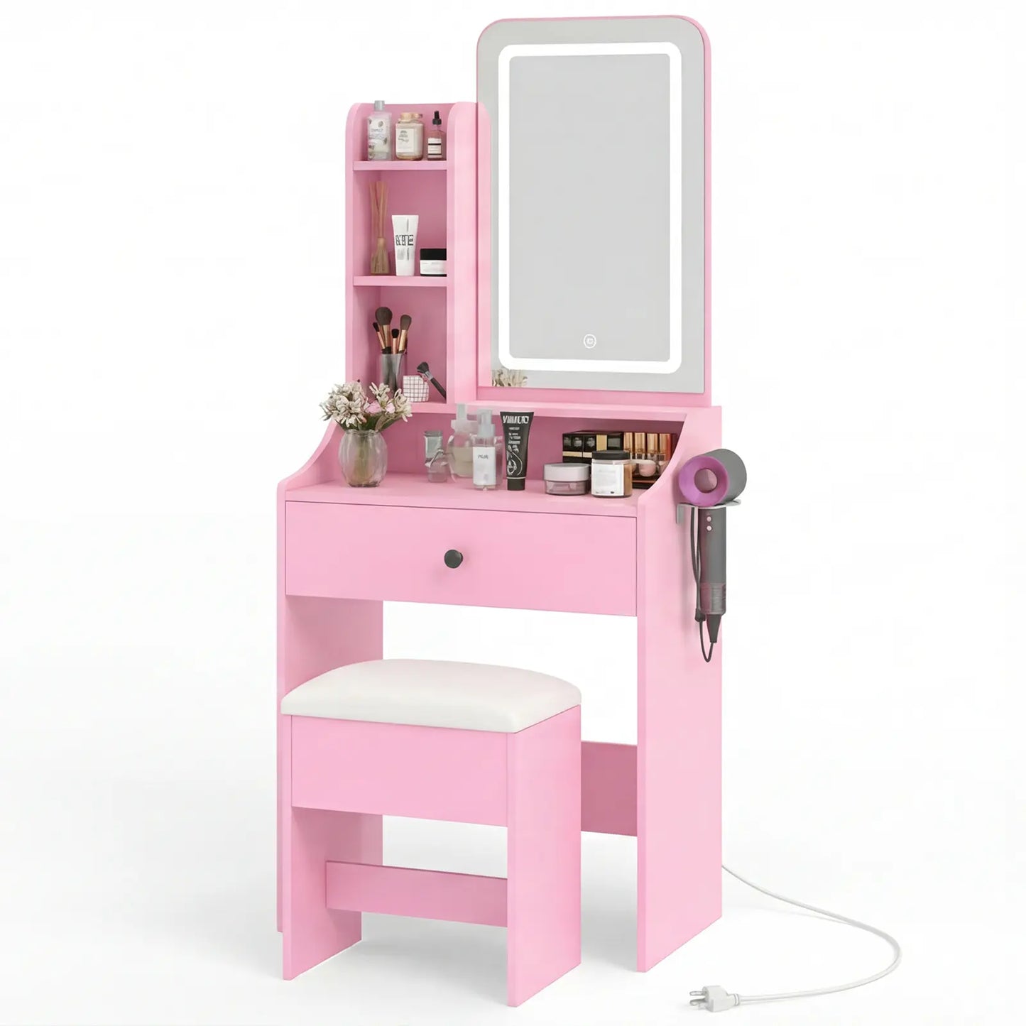 Small Makeup Vanity Desk with Dimmable Lighted Mirror, Vanity Table Set, Storage Drawers, Shelves & Stool for Bedroom Makeup Vanity Desk with Mirror & Lights, Small Vanity Table Set with Drawers & Stool for Bedroom, Vanity Setup