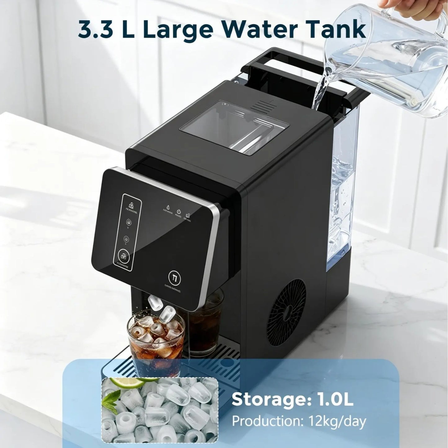 COWSAR Countertop Bullet Ice Maker & Water Dispenser, 3.3L Tank, 9 Bullet Ice Cubes Ready in 8-12 Mins, 26Lbs/Day, Portable Ice Machine for Home Kitchen Office