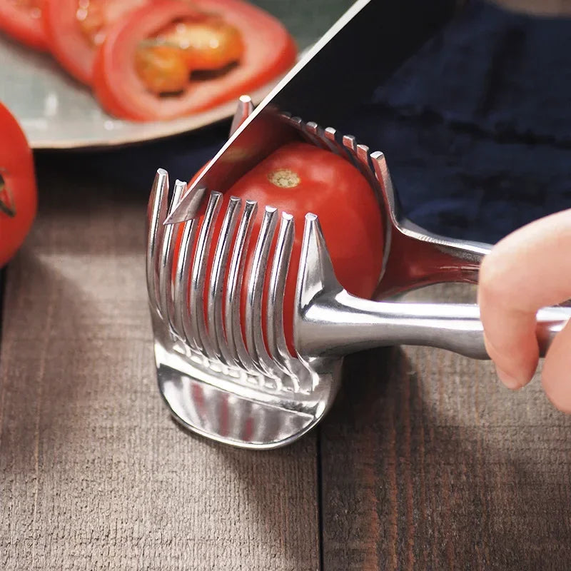 Stainless Steel Onion Holder & Vegetable Slicer - Ultimate Kitchen Gadget for Safe and Easy Food Prep!
