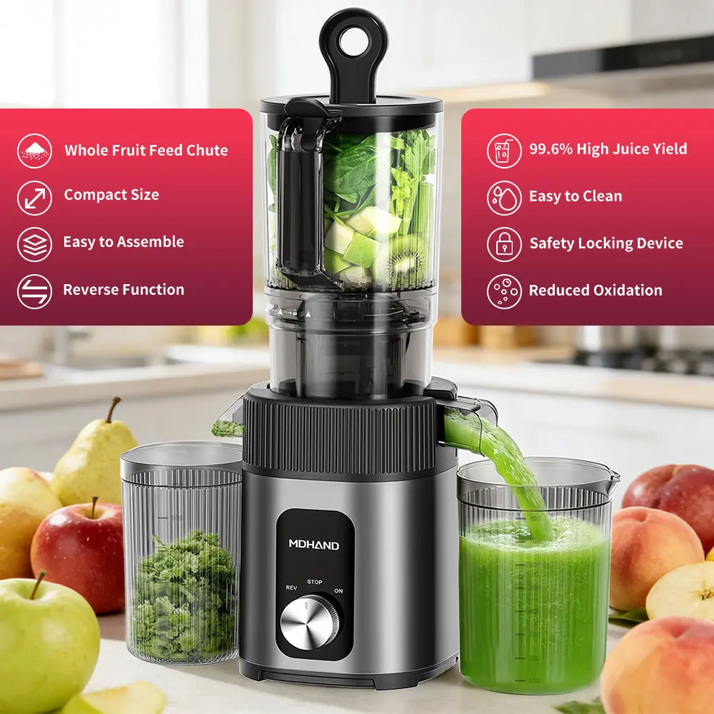 Masticating Juicer 200W, Slow Cold Press Juicer with 112Mm Large Feed Chute, 60 RPM, Reverse Function, Stainless Steel Housing