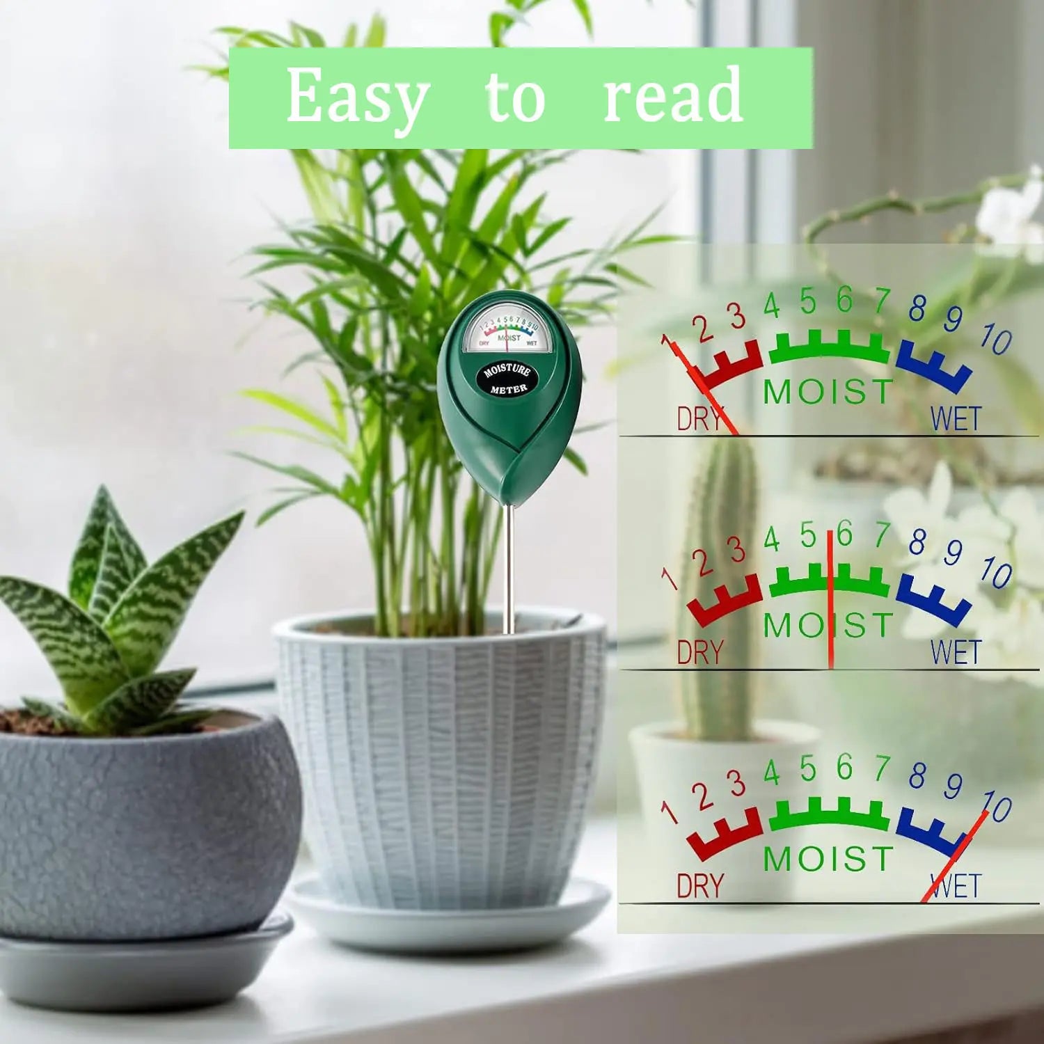 Soil Moisture Meter, Hygrometer Sensor for Plant Care, Indoor Outdoor Potted Plants, Gardening & Lawn, No Battery Required (Green)