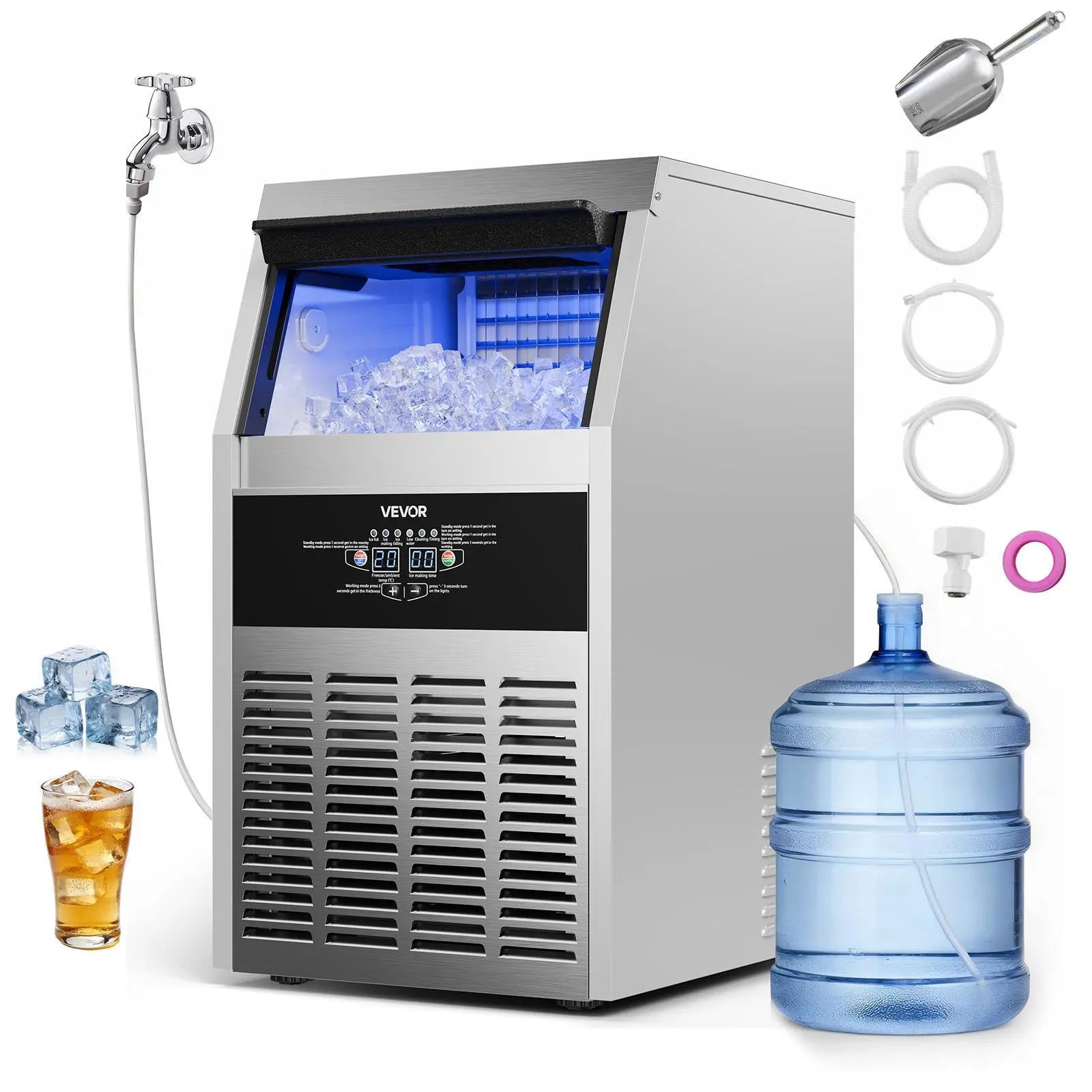 【Summervibes】Vevor Commercial Ice Maker Machine, 130Lbs/24H with 33Lbs Storage, 45 Cubes per Cycle, Stainless Steel Freestanding & under Counter Ice Maker with LED Display & Self-Cleaning, for Home Bar Restaurant