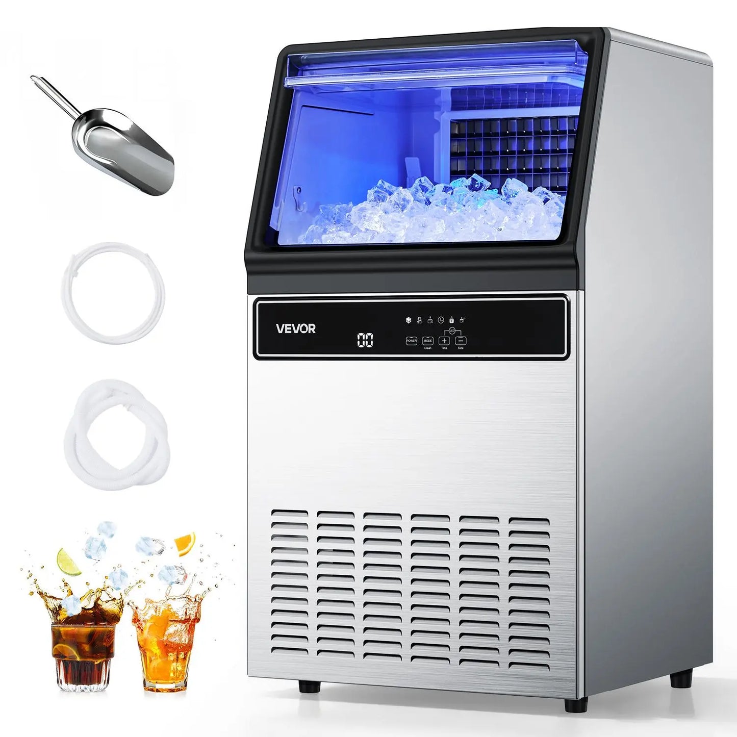 【Summervibes】Vevor Commercial Ice Maker Machine, 130Lbs/24H with 33Lbs Storage, 45 Cubes per Cycle, Stainless Steel Freestanding & under Counter Ice Maker with LED Display & Self-Cleaning, for Home Bar Restaurant