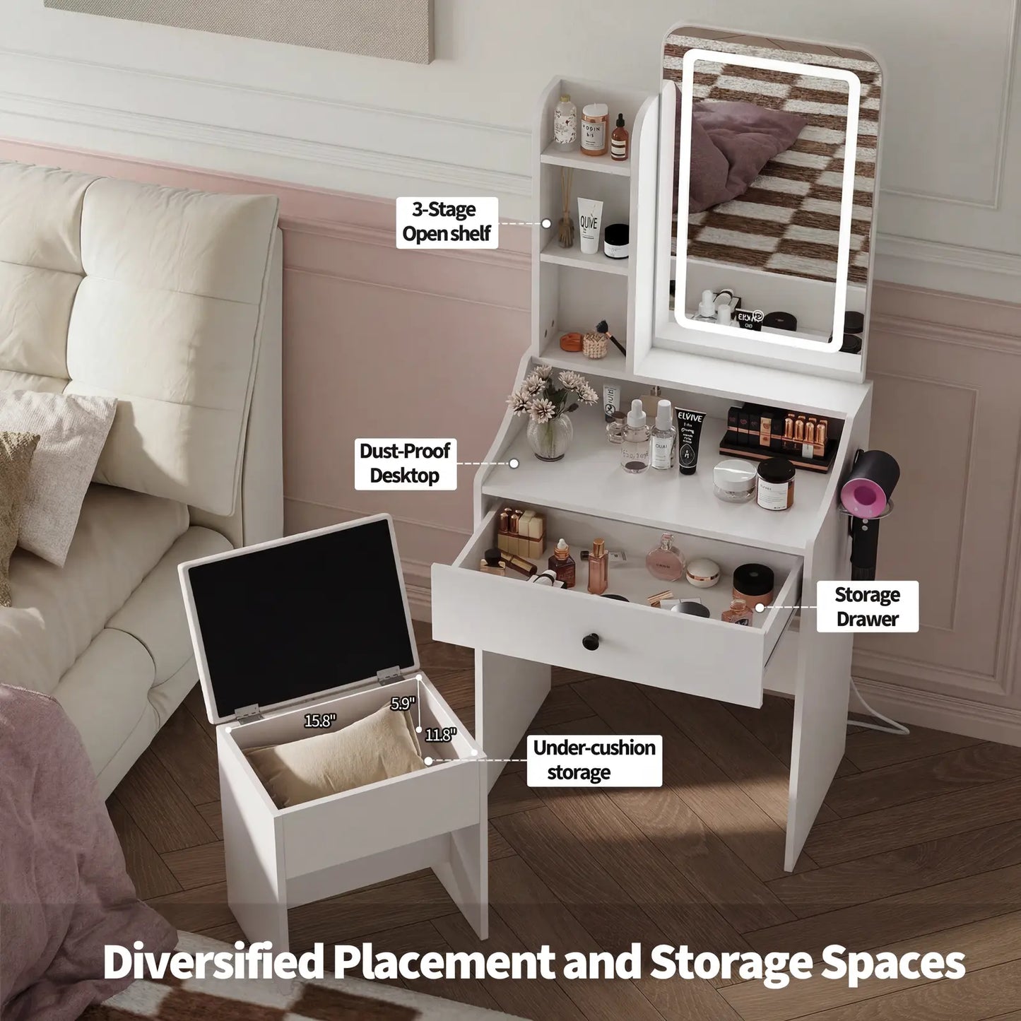 Small Makeup Vanity Desk with Dimmable Lighted Mirror, Vanity Table Set, Storage Drawers, Shelves & Stool for Bedroom Makeup Vanity Desk with Mirror & Lights, Small Vanity Table Set with Drawers & Stool for Bedroom, Vanity Setup