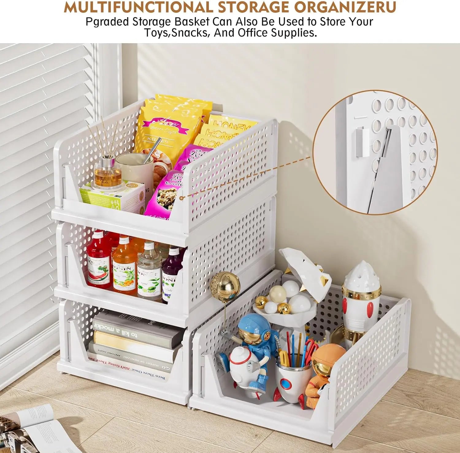 UFORU 5 Pack Stackable Wardrobe Organizer Baskets, Pull-Out Drawer Design for Clothes, Pantry & Bathroom Organization