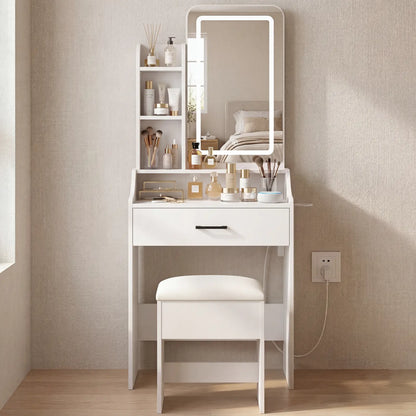 Small Makeup Vanity Desk with Dimmable Lighted Mirror, Vanity Table Set, Storage Drawers, Shelves & Stool for Bedroom Makeup Vanity Desk with Mirror & Lights, Small Vanity Table Set with Drawers & Stool for Bedroom, Vanity Setup