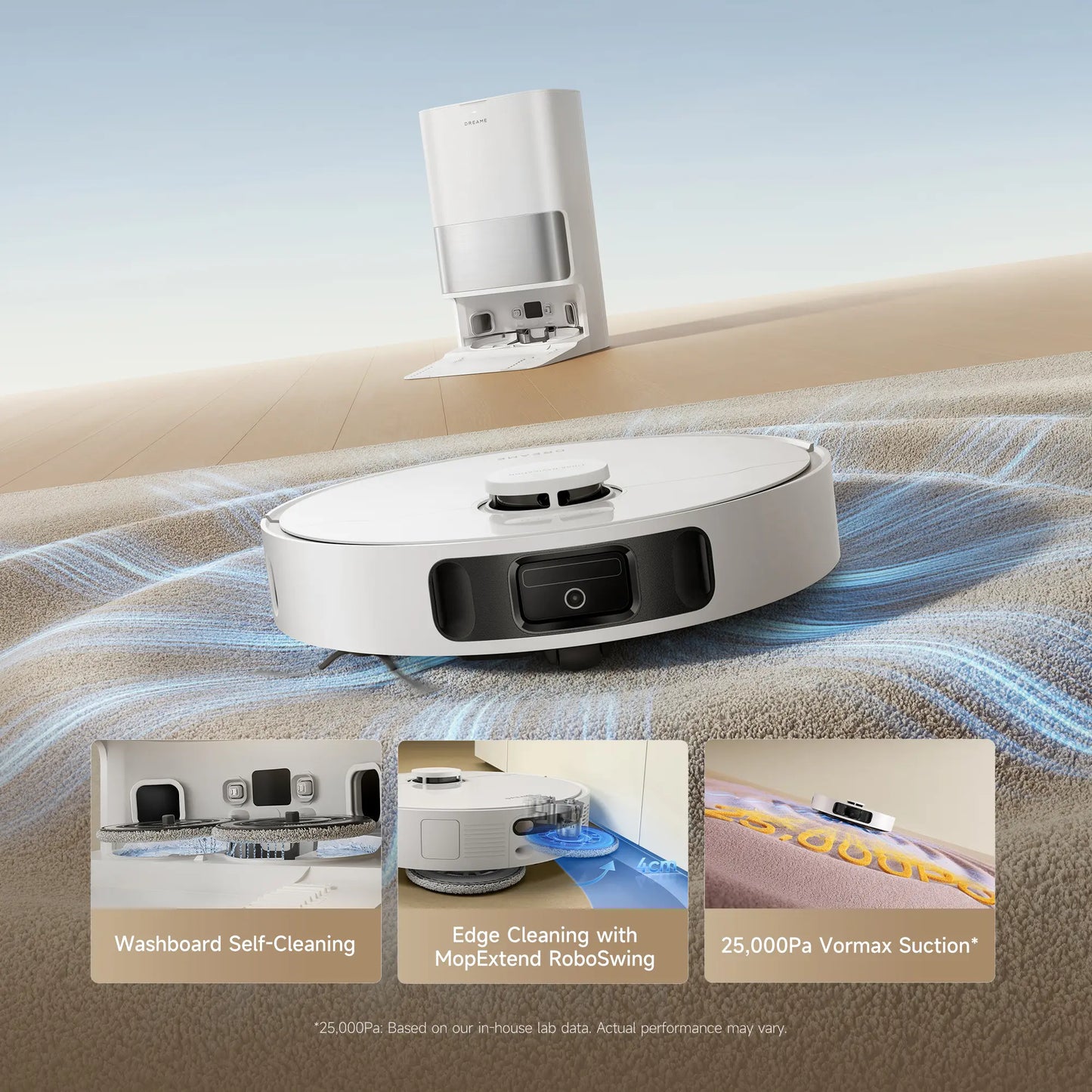 DREAME D30 Ultra Robot Vacuum and Mop, 25,000Pa Powerful Suction, All-In-One Base Station with 100 Days Auto-Empty, Mopextend Tech for Edge Cleaning, Smart Obstacle Avoidance, White