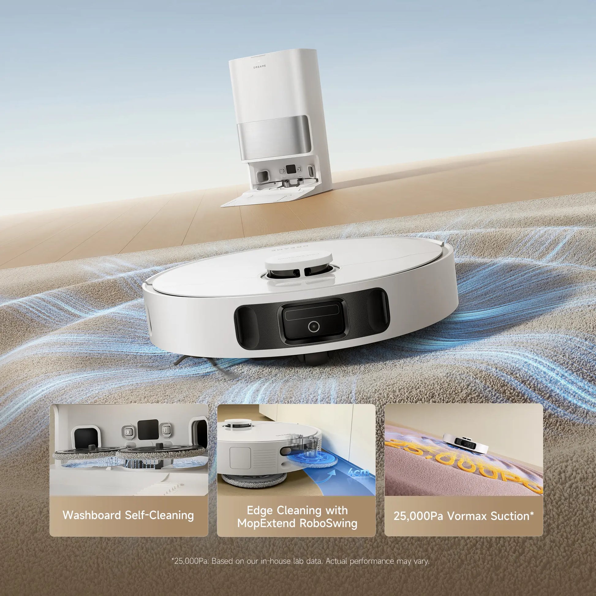 DREAME D30 Ultra Robot Vacuum and Mop, 25,000Pa Powerful Suction, All-In-One Base Station with 100 Days Auto-Empty, Mopextend Tech for Edge Cleaning, Smart Obstacle Avoidance, White