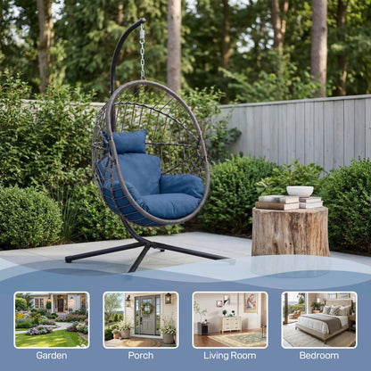 [Mother'S Day Gift]Hanging Chair with Stand, Wicker Rattan Egg Chair with Headrest & Arm Cushions,Indoor Outdoor Use - Perfect for Patio, Bedroom, Living Room Summervibes