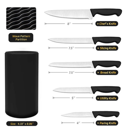 HENKELIVING Knife Set, 6-Piece Professional Kitchen Knife Set with Durable Knife Block, Rust-Resistant & Ergonomic Handle, Black