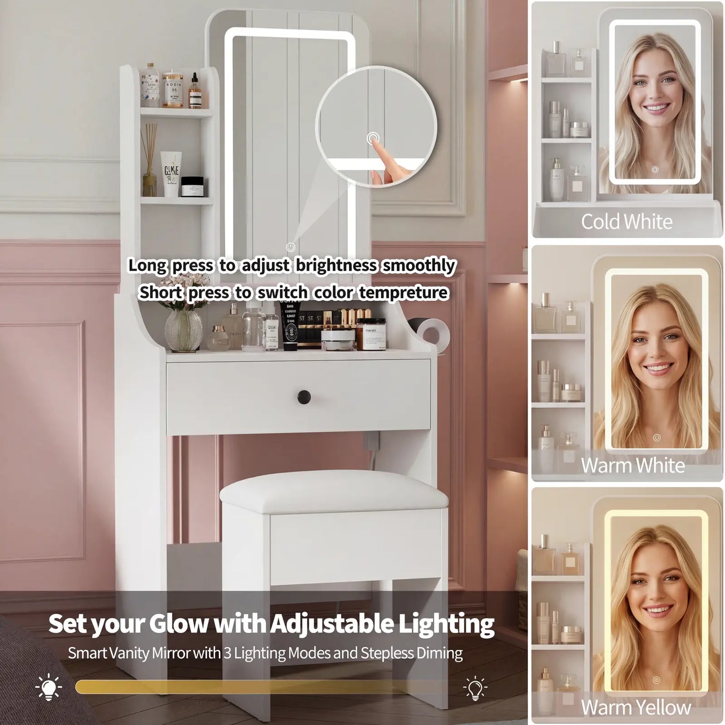 Small Makeup Vanity Desk with Dimmable Lighted Mirror, Vanity Table Set, Storage Drawers, Shelves & Stool for Bedroom Makeup Vanity Desk with Mirror & Lights, Small Vanity Table Set with Drawers & Stool for Bedroom, Vanity Setup