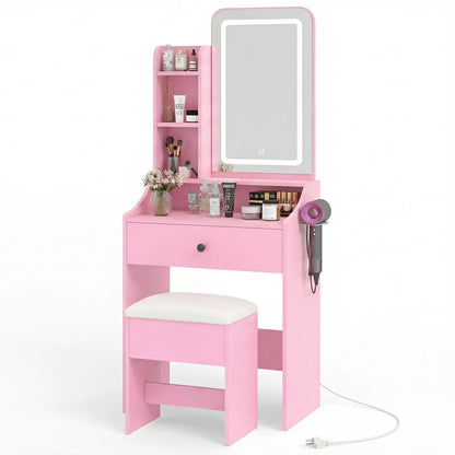 Small Makeup Vanity Desk with Dimmable Lighted Mirror, Vanity Table Set, Storage Drawers, Shelves & Stool for Bedroom Makeup Vanity Desk with Mirror & Lights, Small Vanity Table Set with Drawers & Stool for Bedroom, Vanity Setup