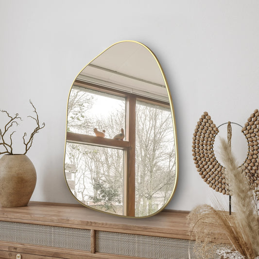 Elegant Asymmetrical Golden Wood Framed Wall Mirror - 28''X20'' for Bathroom, Bedroom, Living Room, and Entryway