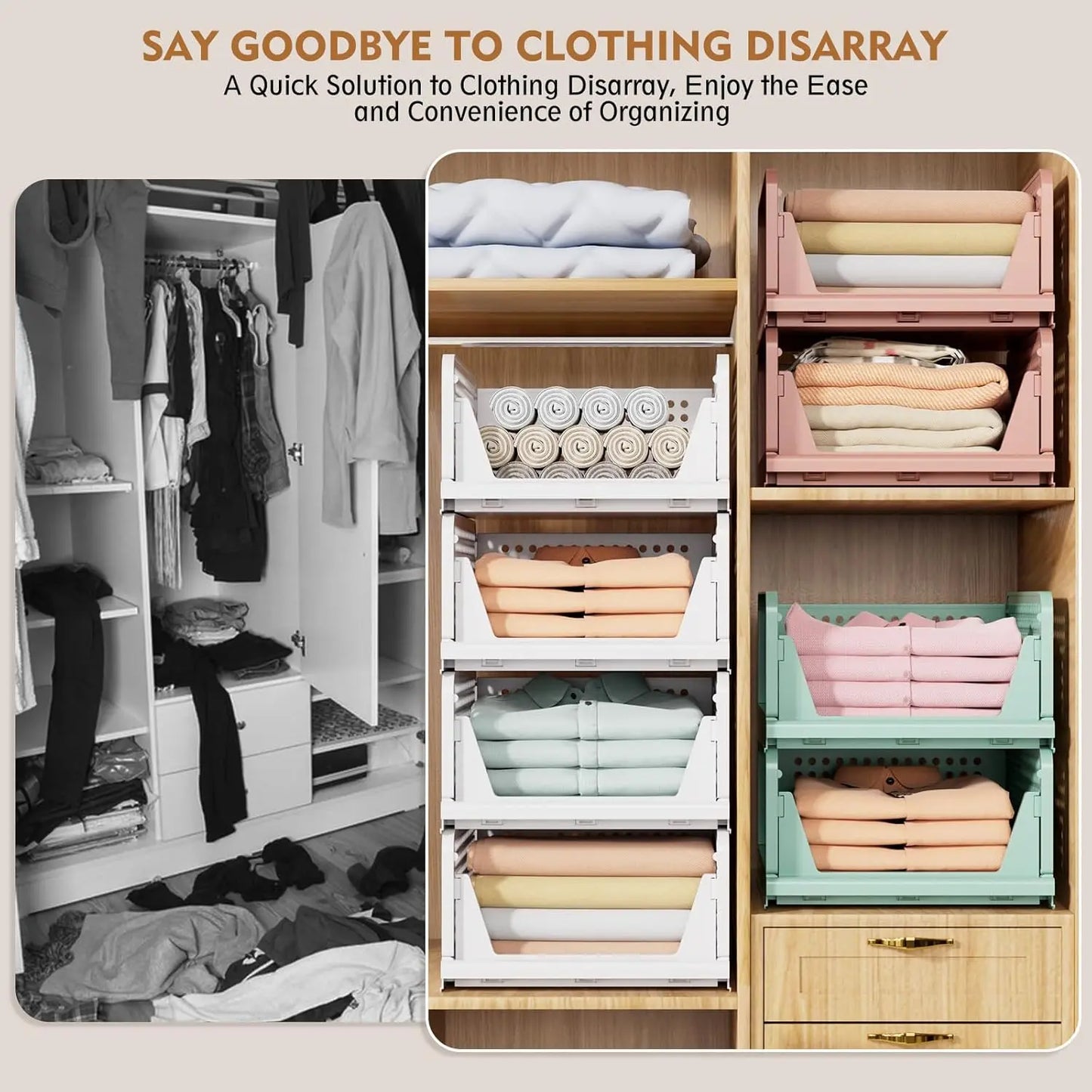 UFORU 5 Pack Stackable Wardrobe Organizer Baskets, Pull-Out Drawer Design for Clothes, Pantry & Bathroom Organization