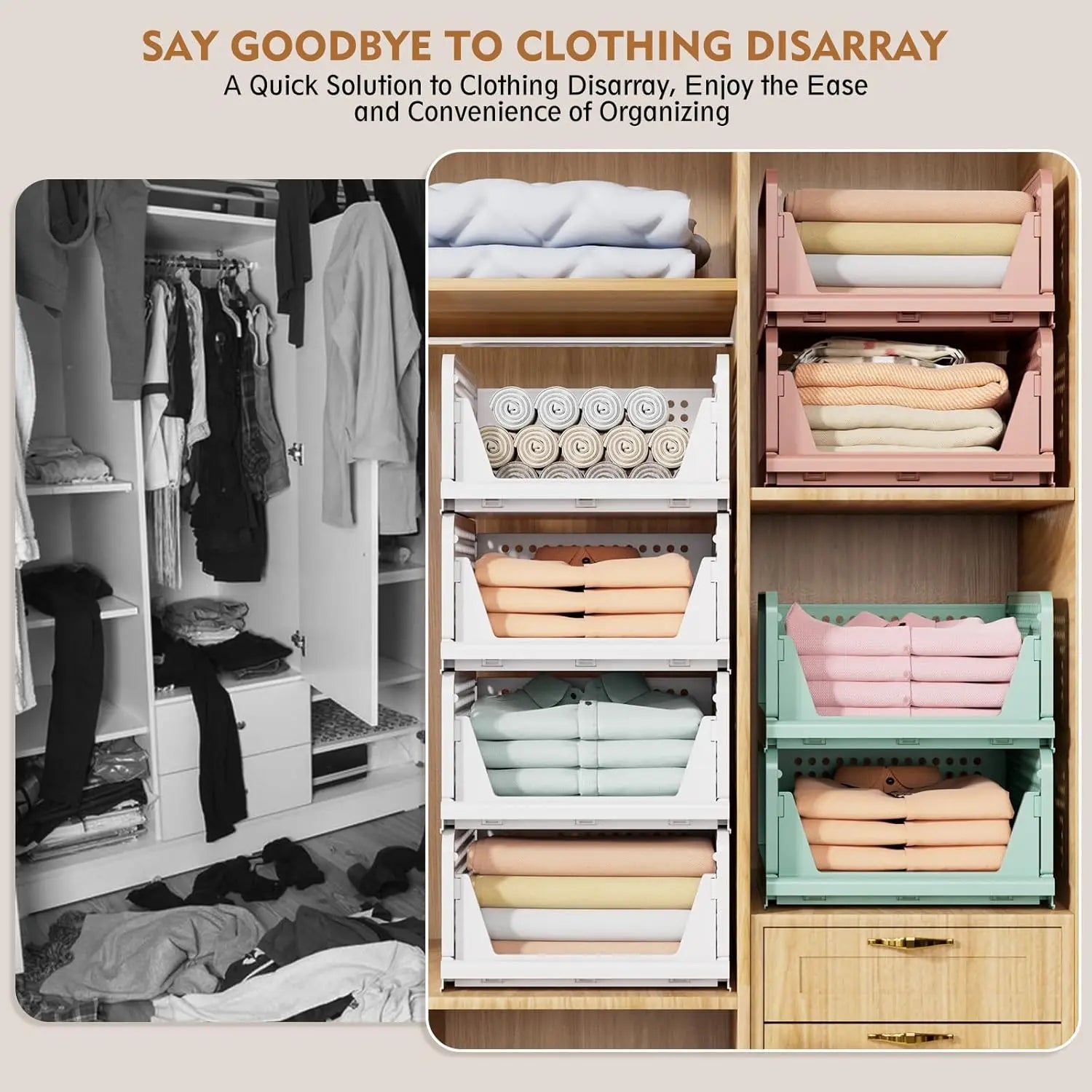 UFORU 5 Pack Stackable Wardrobe Organizer Baskets, Pull-Out Drawer Design for Clothes, Pantry & Bathroom Organization