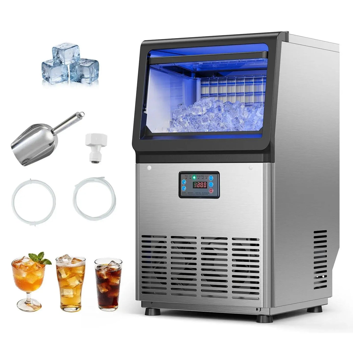 【Summervibes】Vevor Commercial Ice Maker Machine, 130Lbs/24H with 33Lbs Storage, 45 Cubes per Cycle, Stainless Steel Freestanding & under Counter Ice Maker with LED Display & Self-Cleaning, for Home Bar Restaurant