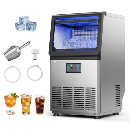 【Summervibes】Vevor Commercial Ice Maker Machine, 130Lbs/24H with 33Lbs Storage, 45 Cubes per Cycle, Stainless Steel Freestanding & under Counter Ice Maker with LED Display & Self-Cleaning, for Home Bar Restaurant