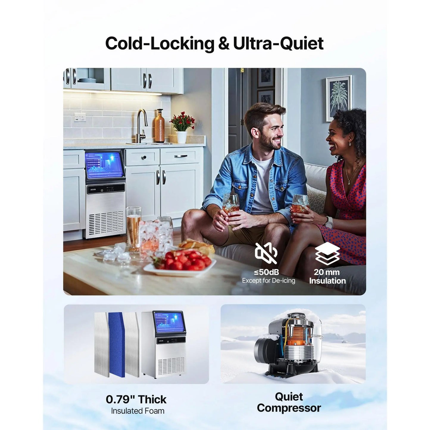 【Summervibes】Vevor Commercial Ice Maker Machine, 130Lbs/24H with 33Lbs Storage, 45 Cubes per Cycle, Stainless Steel Freestanding & under Counter Ice Maker with LED Display & Self-Cleaning, for Home Bar Restaurant