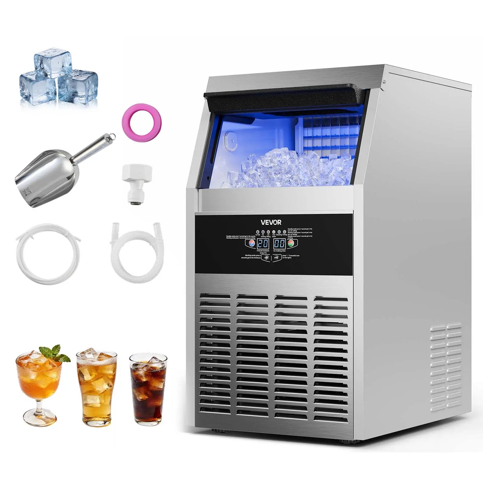 【Summervibes】Vevor Commercial Ice Maker Machine, 130Lbs/24H with 33Lbs Storage, 45 Cubes per Cycle, Stainless Steel Freestanding & under Counter Ice Maker with LED Display & Self-Cleaning, for Home Bar Restaurant