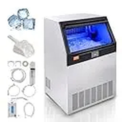 【Summervibes】Vevor Commercial Ice Maker Machine, 130Lbs/24H with 33Lbs Storage, 45 Cubes per Cycle, Stainless Steel Freestanding & under Counter Ice Maker with LED Display & Self-Cleaning, for Home Bar Restaurant