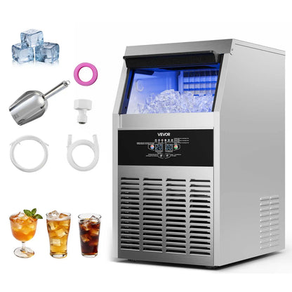 【Summervibes】Vevor Commercial Ice Maker Machine, 130Lbs/24H with 33Lbs Storage, 45 Cubes per Cycle, Stainless Steel Freestanding & under Counter Ice Maker with LED Display & Self-Cleaning, for Home Bar Restaurant