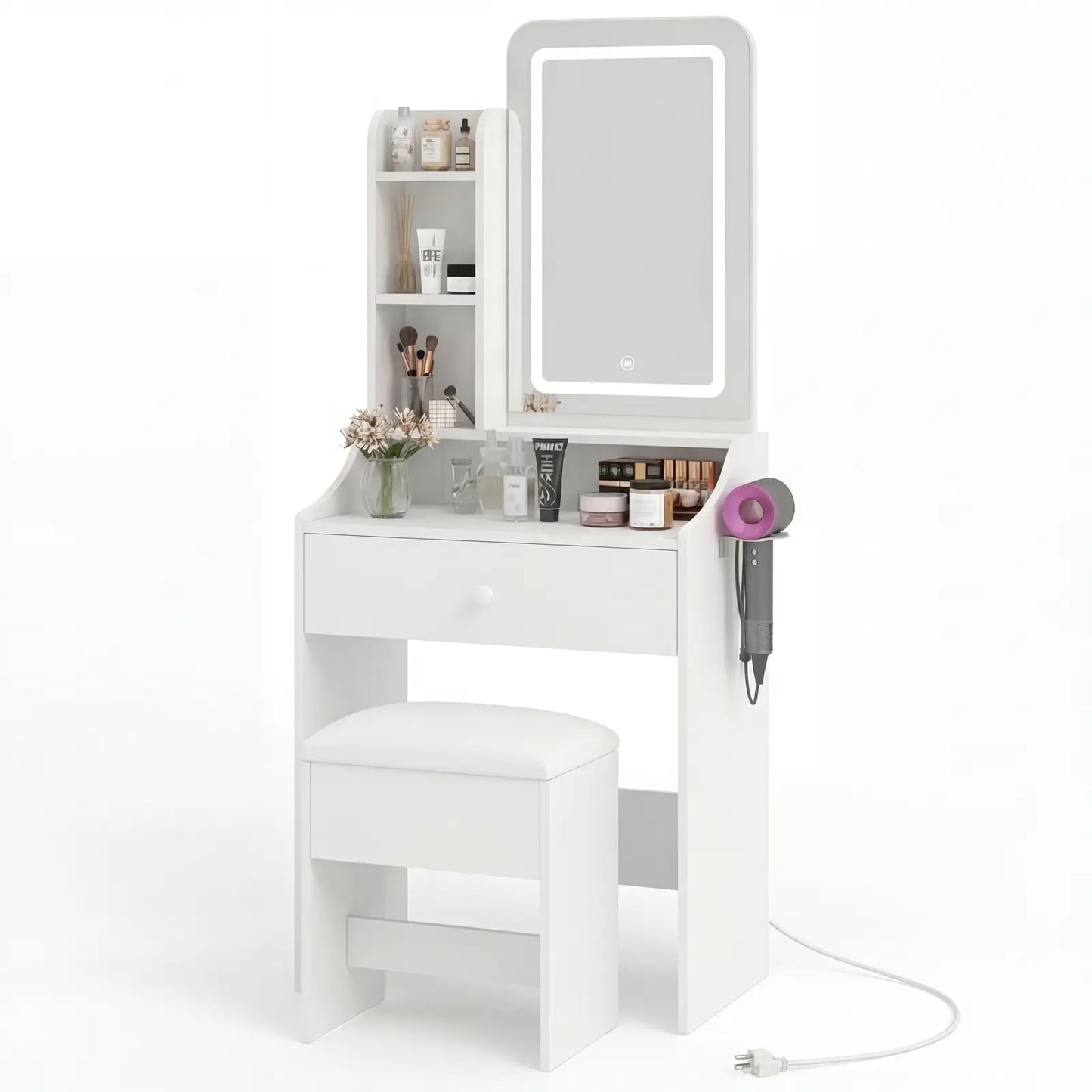 Small Makeup Vanity Desk with Dimmable Lighted Mirror, Vanity Table Set, Storage Drawers, Shelves & Stool for Bedroom Makeup Vanity Desk with Mirror & Lights, Small Vanity Table Set with Drawers & Stool for Bedroom, Vanity Setup