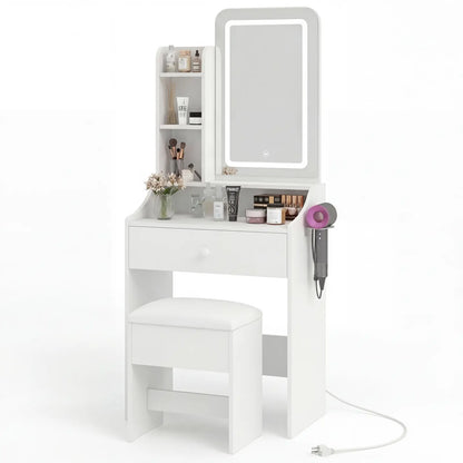 Small Makeup Vanity Desk with Dimmable Lighted Mirror, Vanity Table Set, Storage Drawers, Shelves & Stool for Bedroom Makeup Vanity Desk with Mirror & Lights, Small Vanity Table Set with Drawers & Stool for Bedroom, Vanity Setup