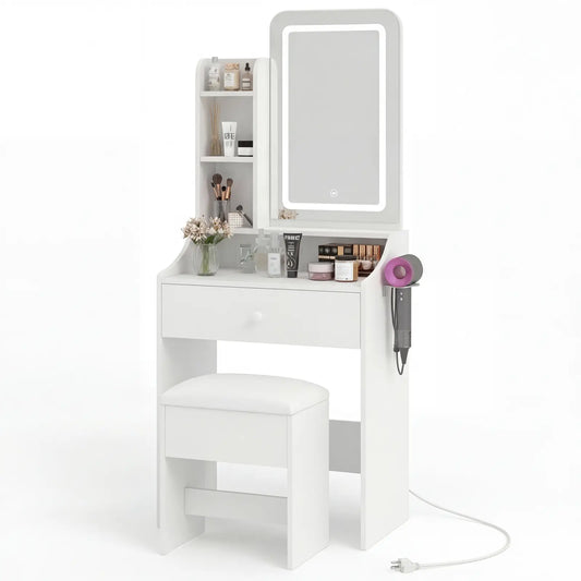 Small Makeup Vanity Desk with Dimmable Lighted Mirror, Vanity Table Set, Storage Drawers, Shelves & Stool for Bedroom Makeup Vanity Desk with Mirror & Lights, Small Vanity Table Set with Drawers & Stool for Bedroom, Vanity Setup