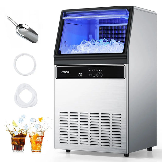 【Summervibes】Vevor Commercial Ice Maker Machine, 130Lbs/24H with 33Lbs Storage, 45 Cubes per Cycle, Stainless Steel Freestanding & under Counter Ice Maker with LED Display & Self-Cleaning, for Home Bar Restaurant