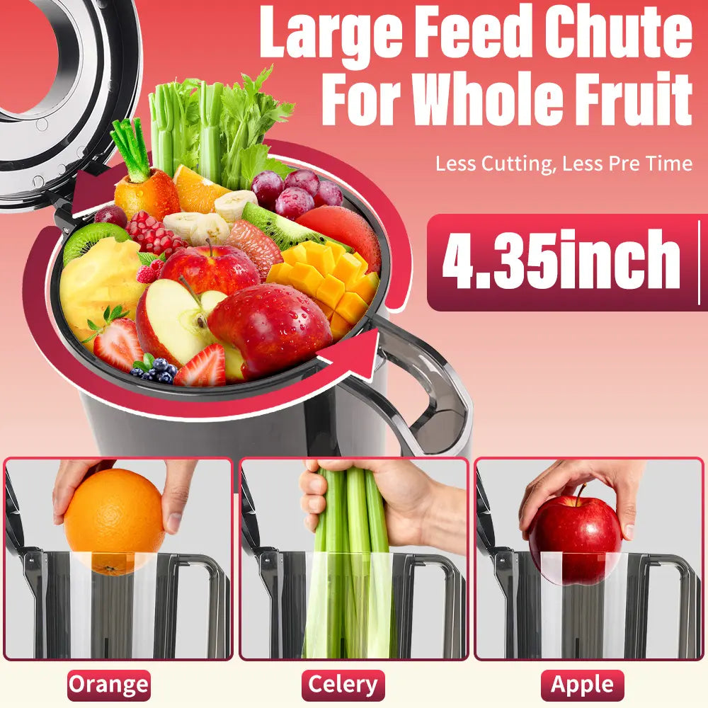 Masticating Juicer 200W, Slow Cold Press Juicer with 112Mm Large Feed Chute, 60 RPM, Reverse Function, Stainless Steel Housing