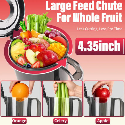 Masticating Juicer 200W, Slow Cold Press Juicer with 112Mm Large Feed Chute, 60 RPM, Reverse Function, Stainless Steel Housing