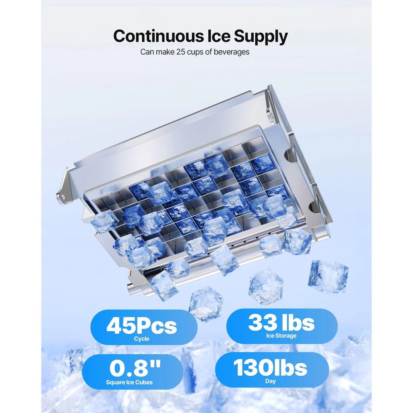 【Summervibes】Vevor Commercial Ice Maker Machine, 130Lbs/24H with 33Lbs Storage, 45 Cubes per Cycle, Stainless Steel Freestanding & under Counter Ice Maker with LED Display & Self-Cleaning, for Home Bar Restaurant