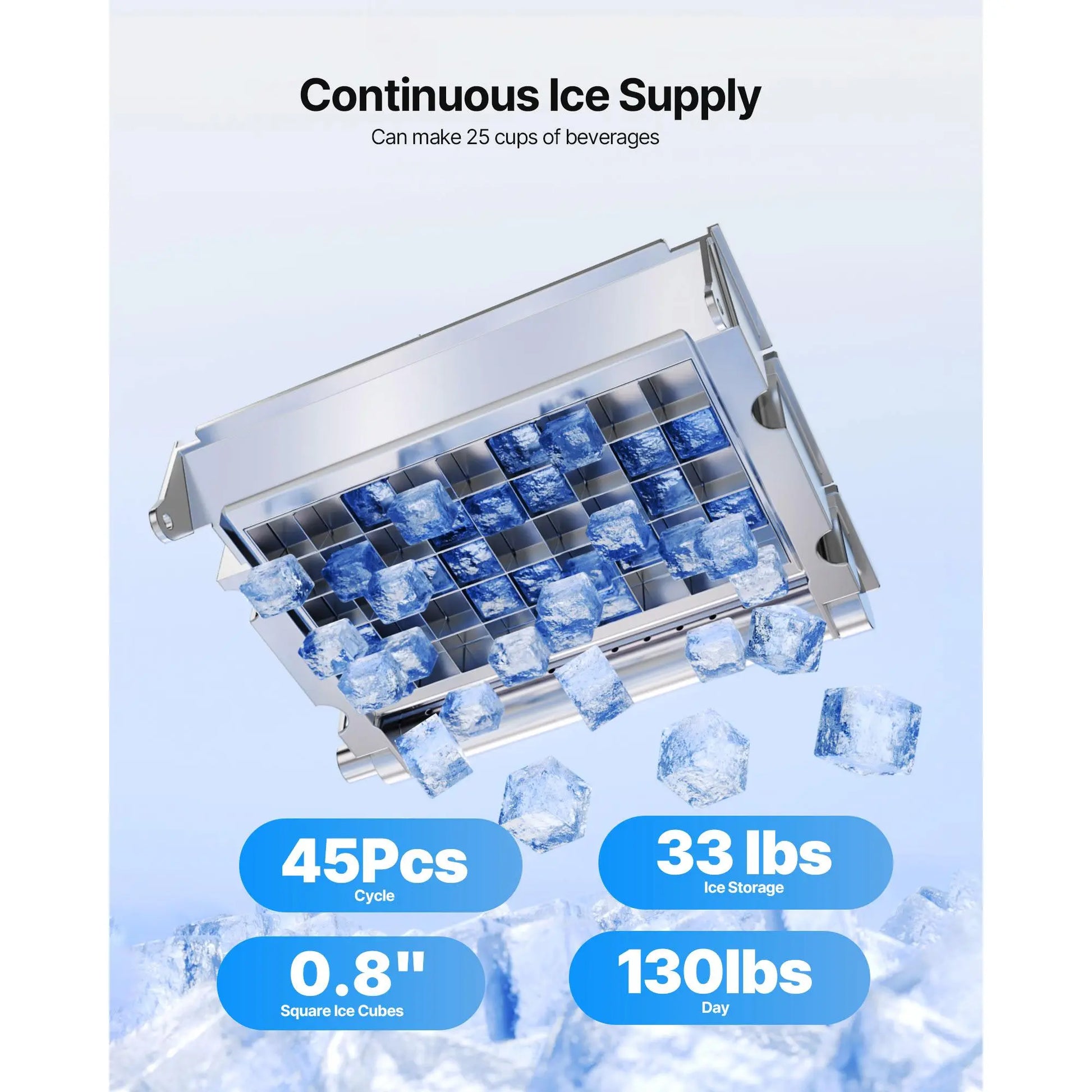 【Summervibes】Vevor Commercial Ice Maker Machine, 130Lbs/24H with 33Lbs Storage, 45 Cubes per Cycle, Stainless Steel Freestanding & under Counter Ice Maker with LED Display & Self-Cleaning, for Home Bar Restaurant