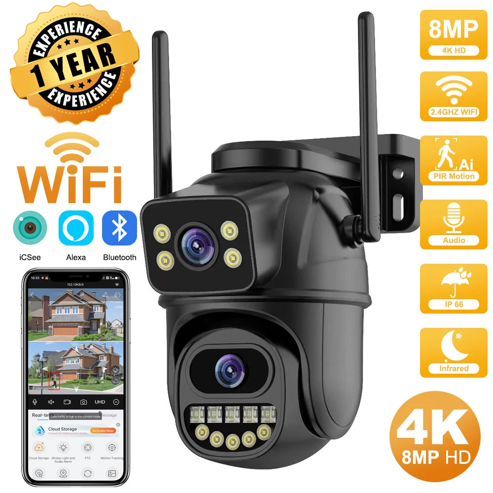 4K 8MP HD WiFi PTZ Outdoor Camera - Dual Lens, AI Auto Tracking, IP CCTV with Audio & Video Surveillance