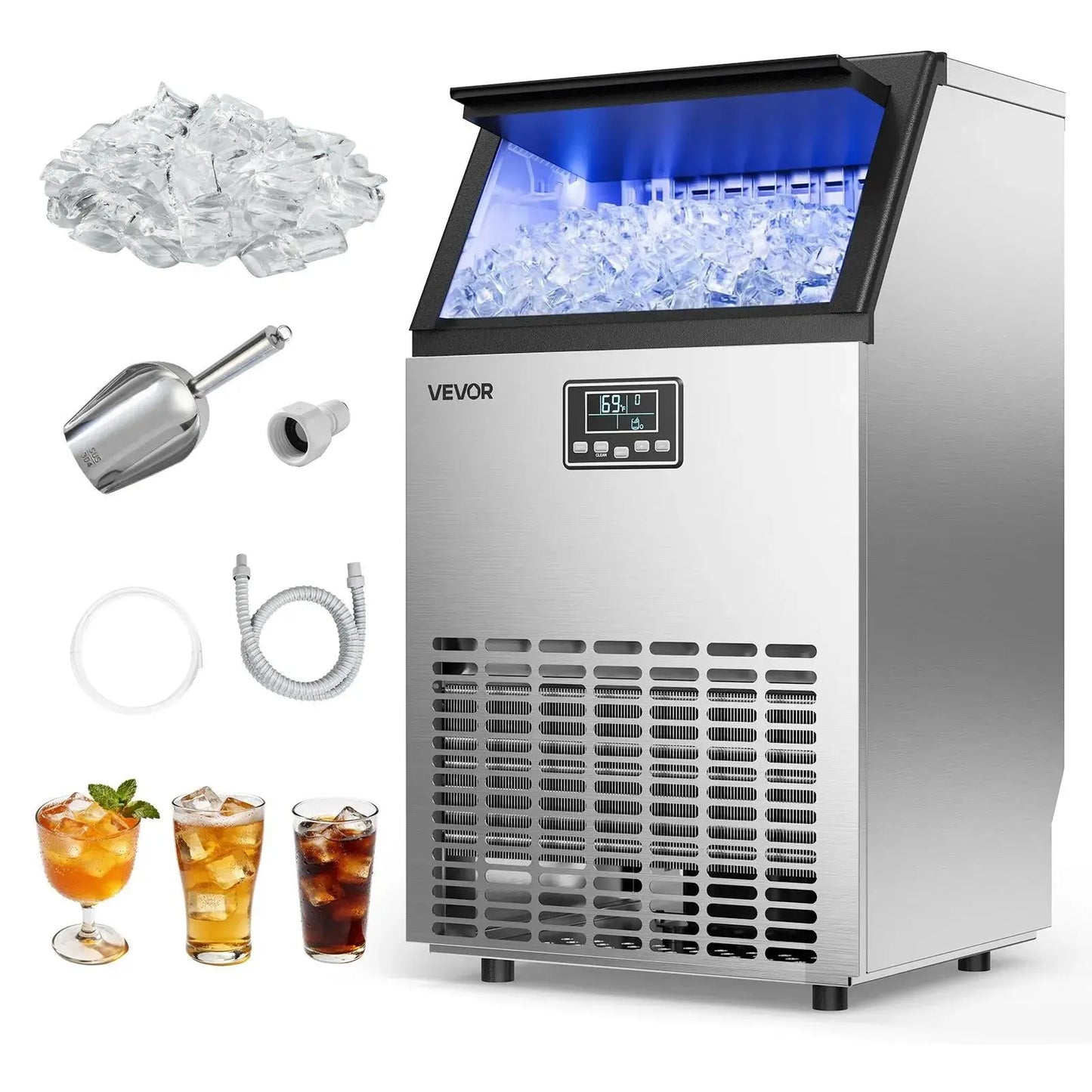 【Summervibes】Vevor Commercial Ice Maker Machine, 130Lbs/24H with 33Lbs Storage, 45 Cubes per Cycle, Stainless Steel Freestanding & under Counter Ice Maker with LED Display & Self-Cleaning, for Home Bar Restaurant
