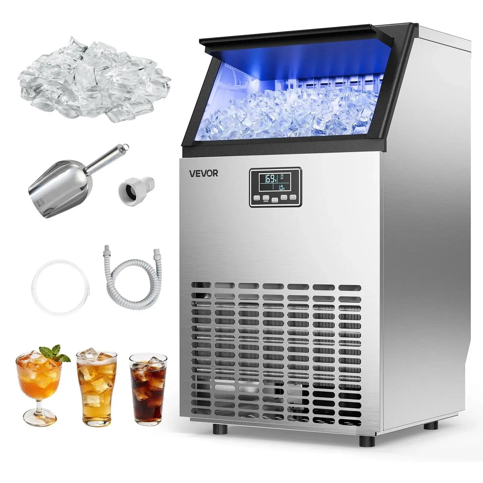 【Summervibes】Vevor Commercial Ice Maker Machine, 130Lbs/24H with 33Lbs Storage, 45 Cubes per Cycle, Stainless Steel Freestanding & under Counter Ice Maker with LED Display & Self-Cleaning, for Home Bar Restaurant