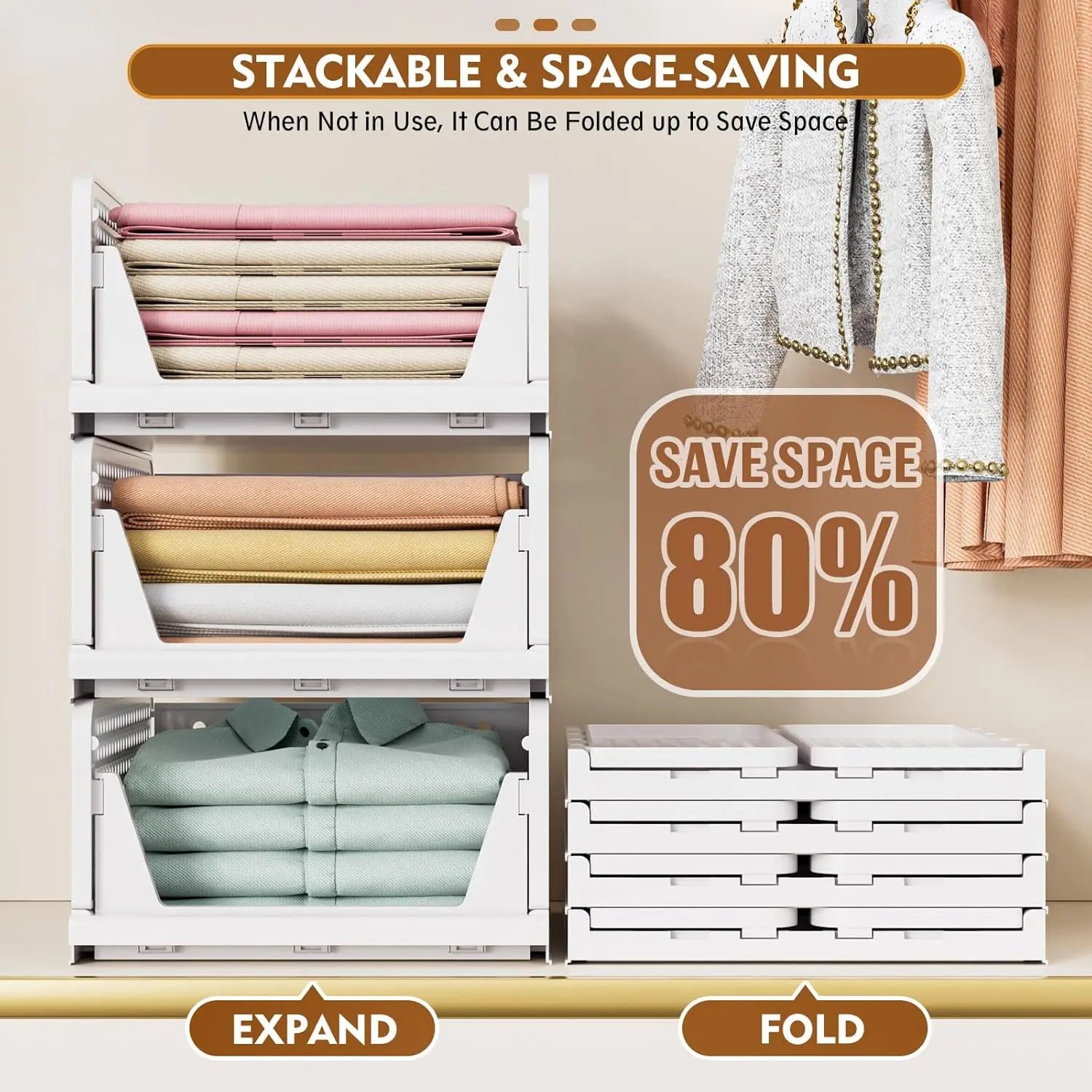 UFORU 5 Pack Stackable Wardrobe Organizer Baskets, Pull-Out Drawer Design for Clothes, Pantry & Bathroom Organization