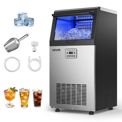 【Summervibes】Vevor Commercial Ice Maker Machine, 130Lbs/24H with 33Lbs Storage, 45 Cubes per Cycle, Stainless Steel Freestanding & under Counter Ice Maker with LED Display & Self-Cleaning, for Home Bar Restaurant