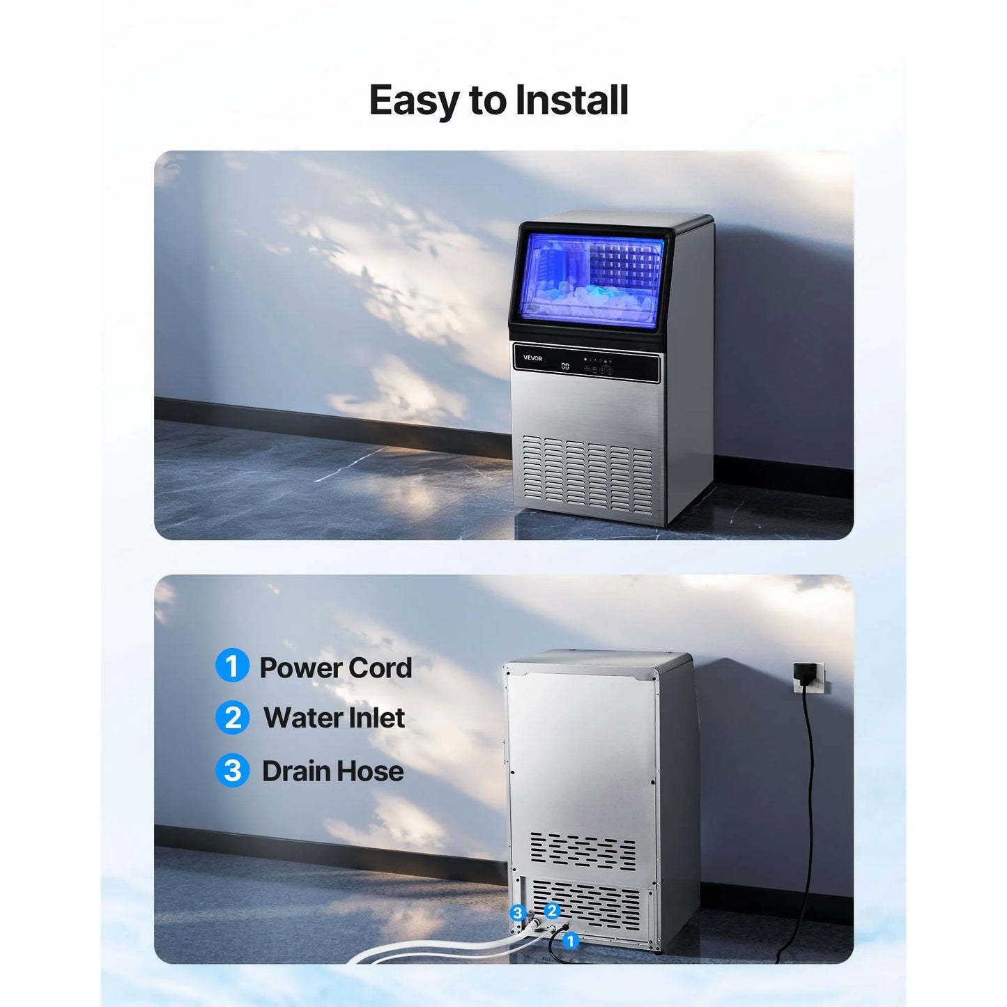 【Summervibes】Vevor Commercial Ice Maker Machine, 130Lbs/24H with 33Lbs Storage, 45 Cubes per Cycle, Stainless Steel Freestanding & under Counter Ice Maker with LED Display & Self-Cleaning, for Home Bar Restaurant