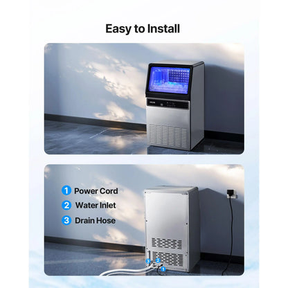 【Summervibes】Vevor Commercial Ice Maker Machine, 130Lbs/24H with 33Lbs Storage, 45 Cubes per Cycle, Stainless Steel Freestanding & under Counter Ice Maker with LED Display & Self-Cleaning, for Home Bar Restaurant