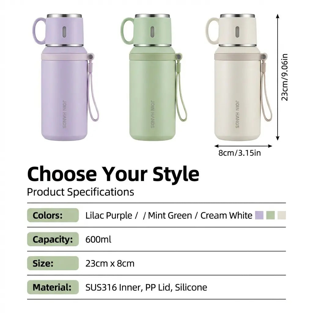 316 Stainless Steel Insulated Water Bottle Tumbler - 600Ml/20.29Oz Airtight Vacuum Flask, 24H Cold/10H Hot Retention, Leakproof Cup Lid, Portable for Ice Water, Coffee, Travel Cups