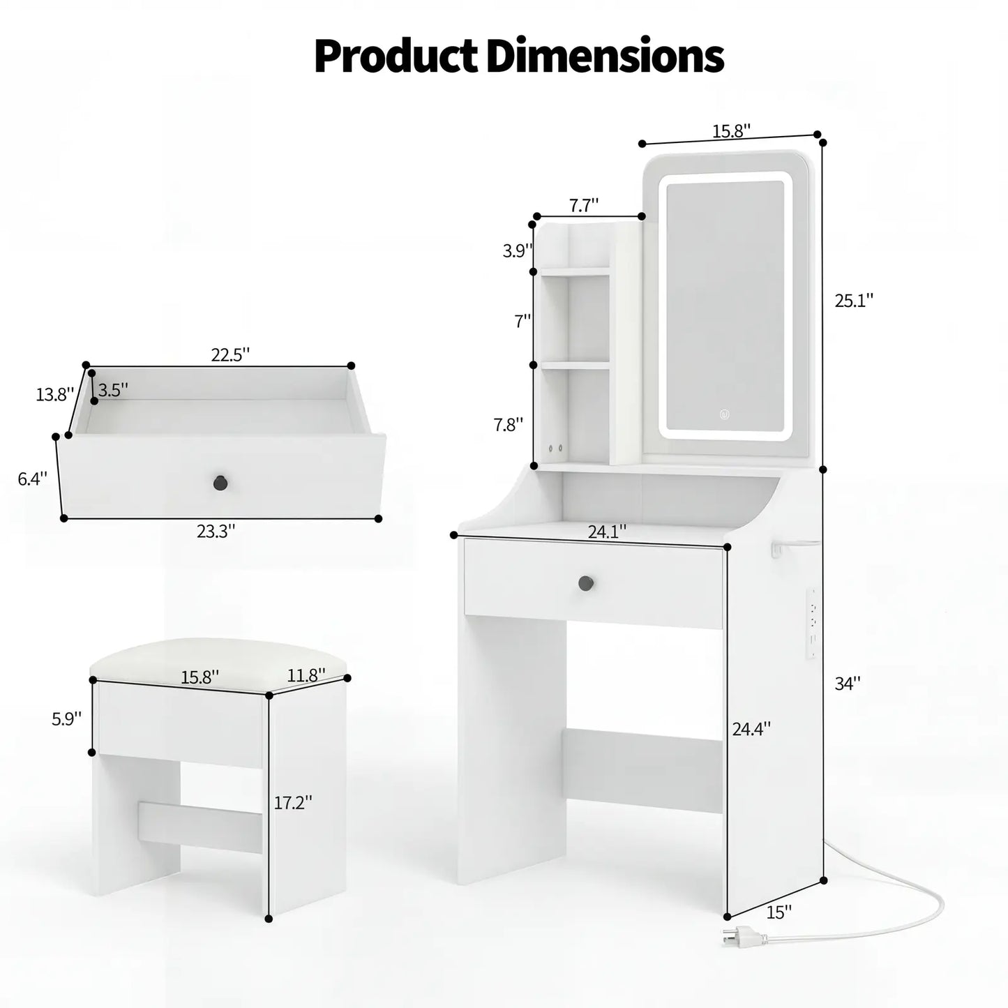 Small Makeup Vanity Desk with Dimmable Lighted Mirror, Vanity Table Set, Storage Drawers, Shelves & Stool for Bedroom Makeup Vanity Desk with Mirror & Lights, Small Vanity Table Set with Drawers & Stool for Bedroom, Vanity Setup