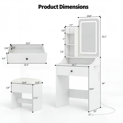 Small Makeup Vanity Desk with Dimmable Lighted Mirror, Vanity Table Set, Storage Drawers, Shelves & Stool for Bedroom Makeup Vanity Desk with Mirror & Lights, Small Vanity Table Set with Drawers & Stool for Bedroom, Vanity Setup