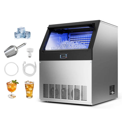 【Summervibes】Vevor Commercial Ice Maker Machine, 130Lbs/24H with 33Lbs Storage, 45 Cubes per Cycle, Stainless Steel Freestanding & under Counter Ice Maker with LED Display & Self-Cleaning, for Home Bar Restaurant