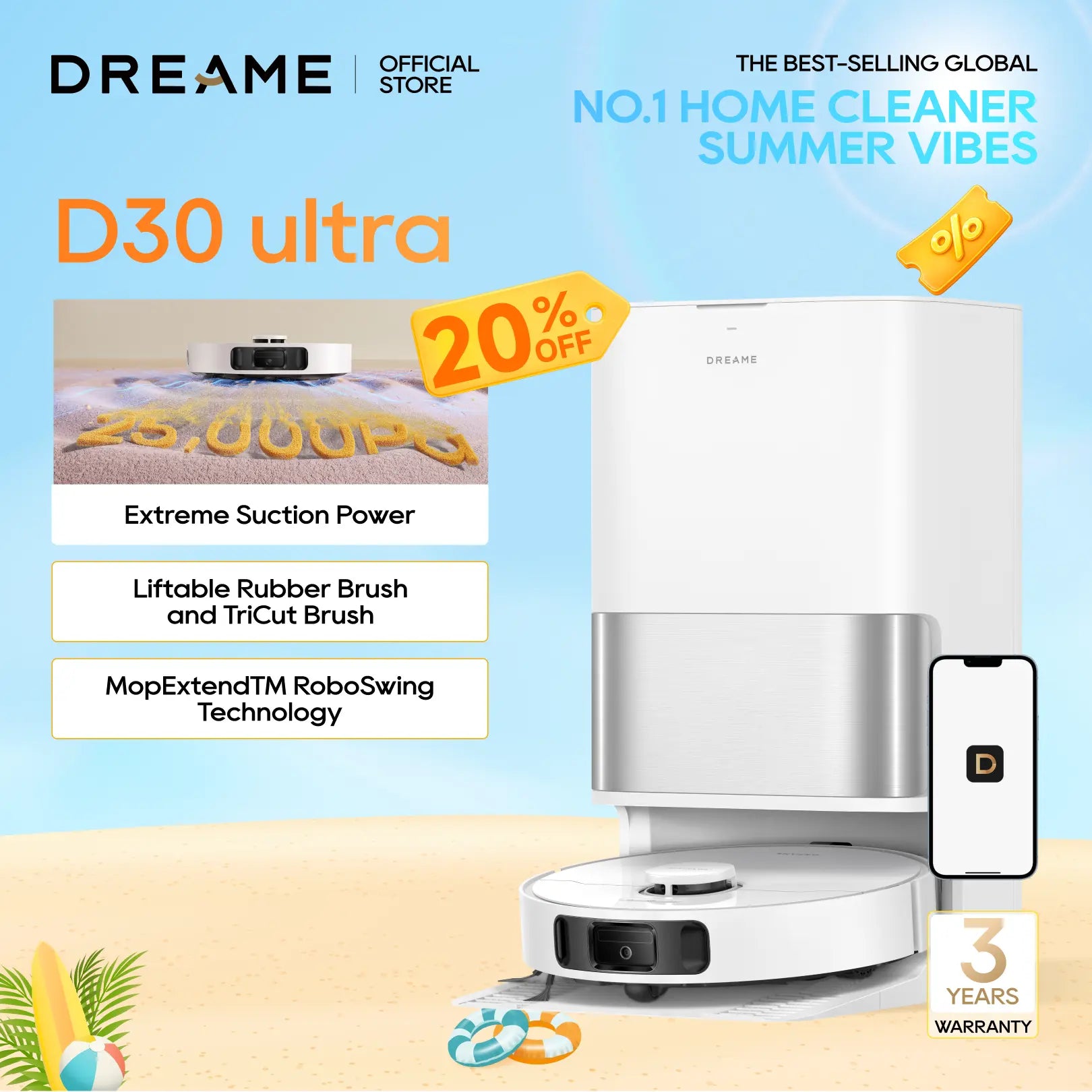 DREAME D30 Ultra Robot Vacuum and Mop, 25,000Pa Powerful Suction, All-In-One Base Station with 100 Days Auto-Empty, Mopextend Tech for Edge Cleaning, Smart Obstacle Avoidance, White