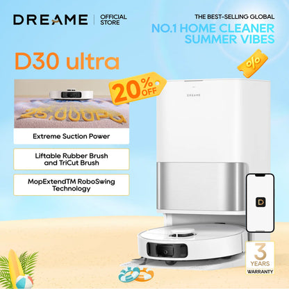 DREAME D30 Ultra Robot Vacuum and Mop, 25,000Pa Powerful Suction, All-In-One Base Station with 100 Days Auto-Empty, Mopextend Tech for Edge Cleaning, Smart Obstacle Avoidance, White