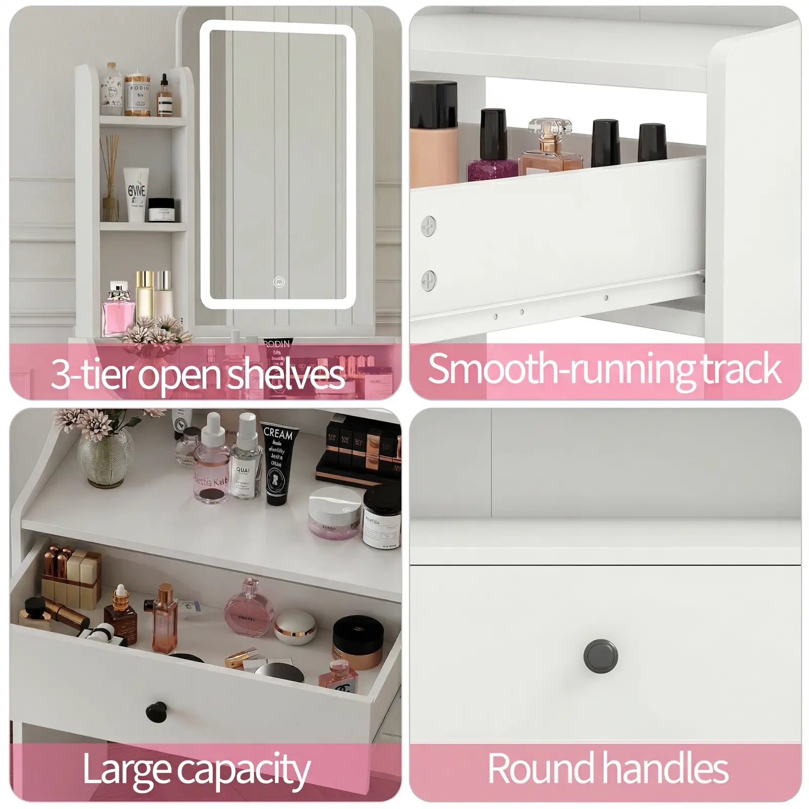 Small Makeup Vanity Desk with Dimmable Lighted Mirror, Vanity Table Set, Storage Drawers, Shelves & Stool for Bedroom Makeup Vanity Desk with Mirror & Lights, Small Vanity Table Set with Drawers & Stool for Bedroom, Vanity Setup