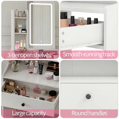 Small Makeup Vanity Desk with Dimmable Lighted Mirror, Vanity Table Set, Storage Drawers, Shelves & Stool for Bedroom Makeup Vanity Desk with Mirror & Lights, Small Vanity Table Set with Drawers & Stool for Bedroom, Vanity Setup