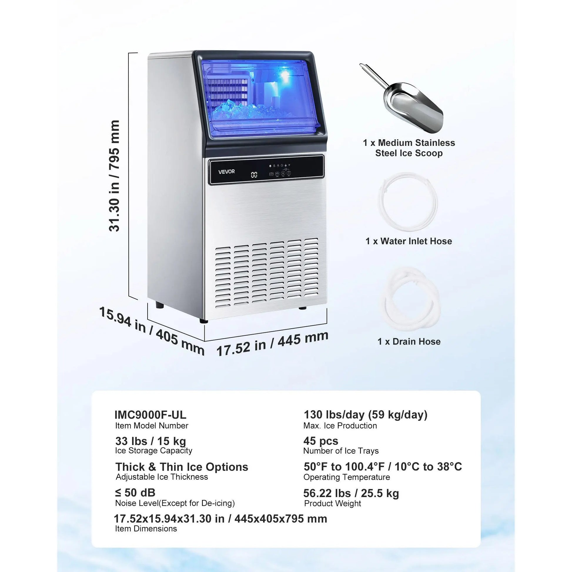 【Summervibes】Vevor Commercial Ice Maker Machine, 130Lbs/24H with 33Lbs Storage, 45 Cubes per Cycle, Stainless Steel Freestanding & under Counter Ice Maker with LED Display & Self-Cleaning, for Home Bar Restaurant