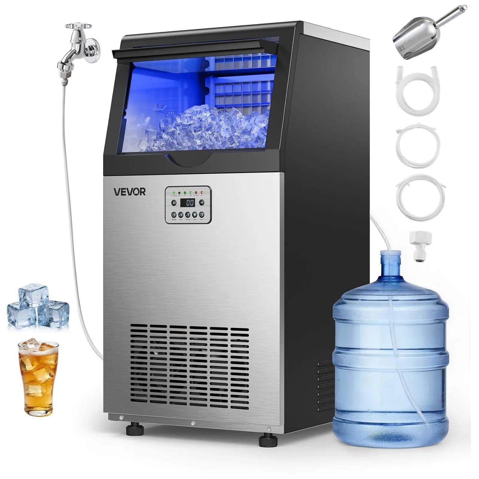 【Summervibes】Vevor Commercial Ice Maker Machine, 130Lbs/24H with 33Lbs Storage, 45 Cubes per Cycle, Stainless Steel Freestanding & under Counter Ice Maker with LED Display & Self-Cleaning, for Home Bar Restaurant